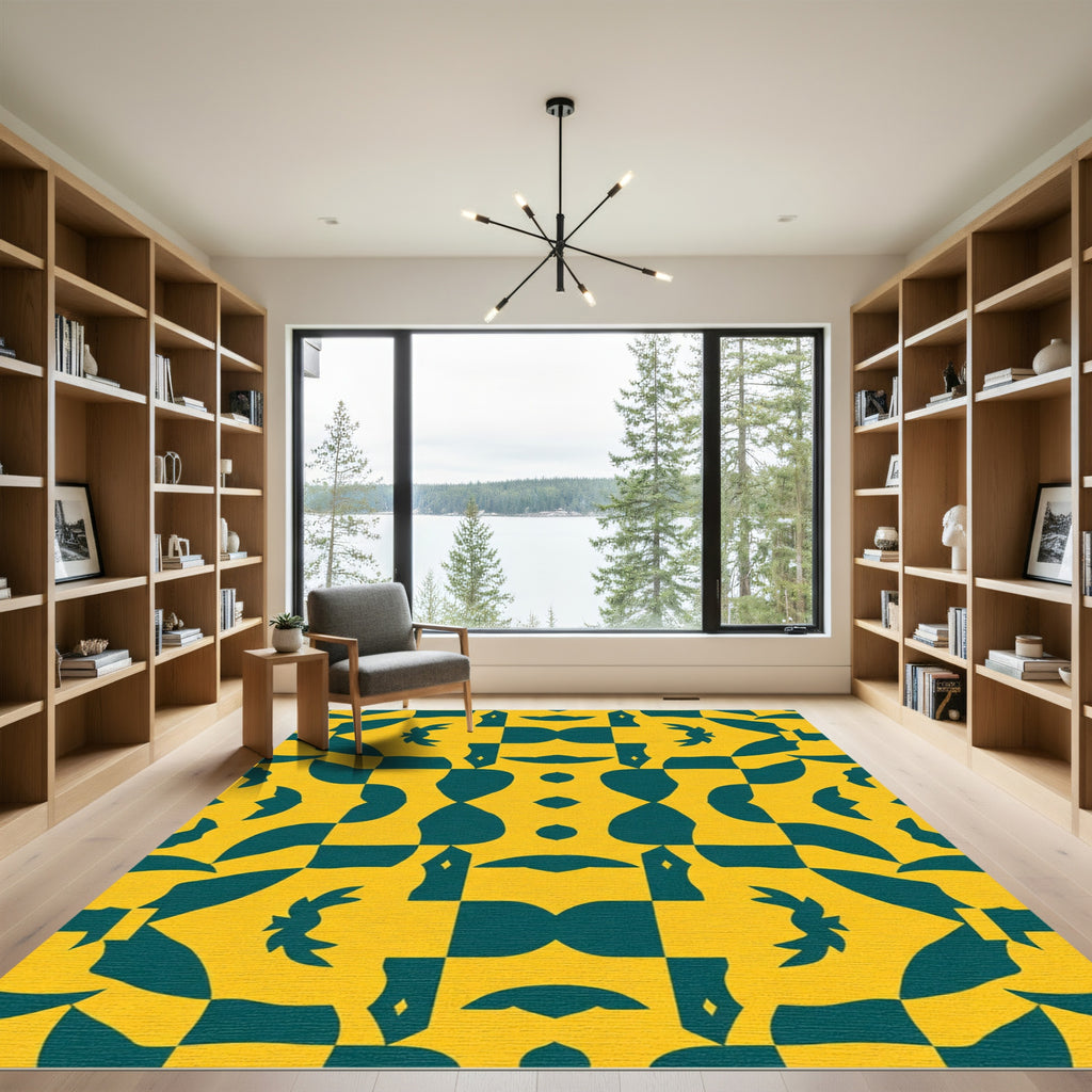 Bold Yellow Teal Geometric Symmetry Rug