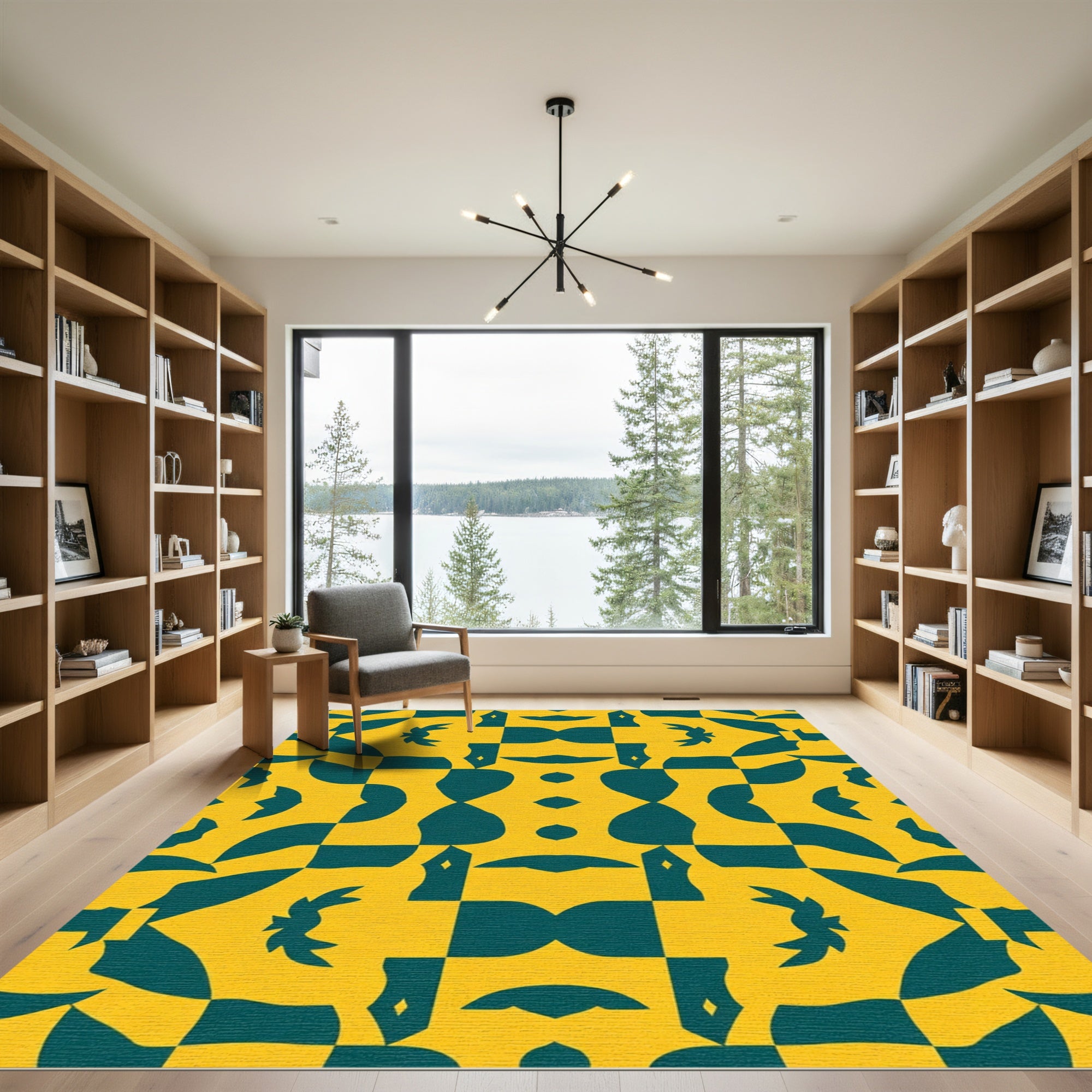 Bold Yellow Teal Geometric Symmetry Rug