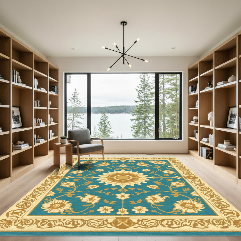 Golden Teal Floral Medallion Border Rug
