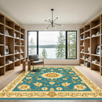 Golden Teal Floral Medallion Border Rug