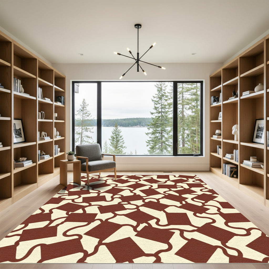 Crimson Linked Squares Abstract Rug