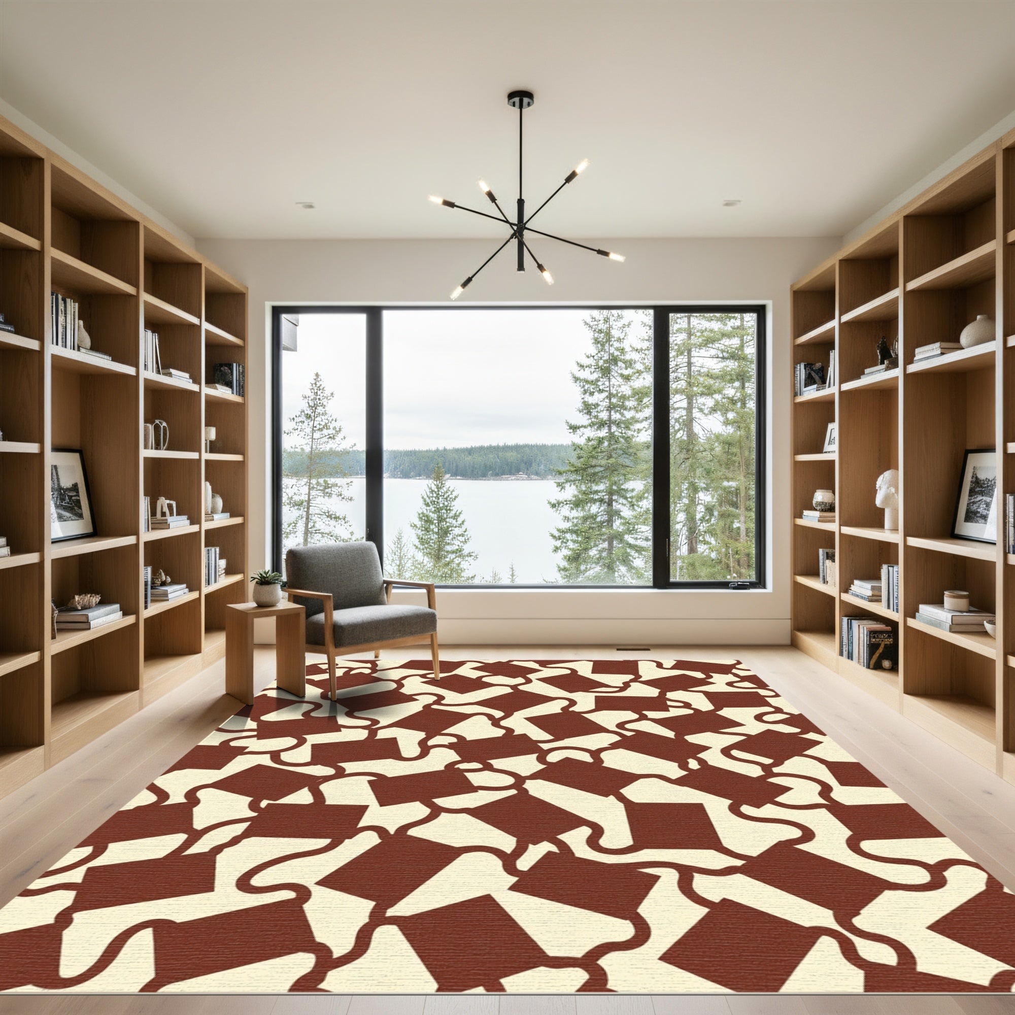 Crimson Linked Squares Abstract Rug