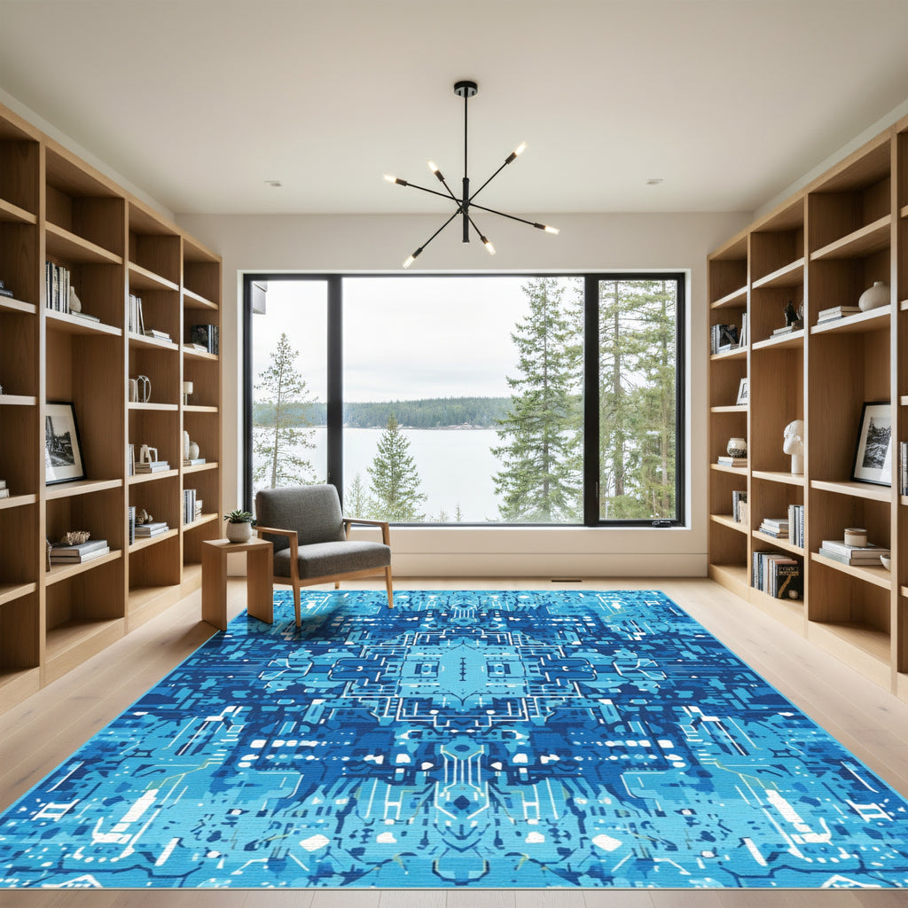 Cybernetic Deep Blue Circuit Board Rug