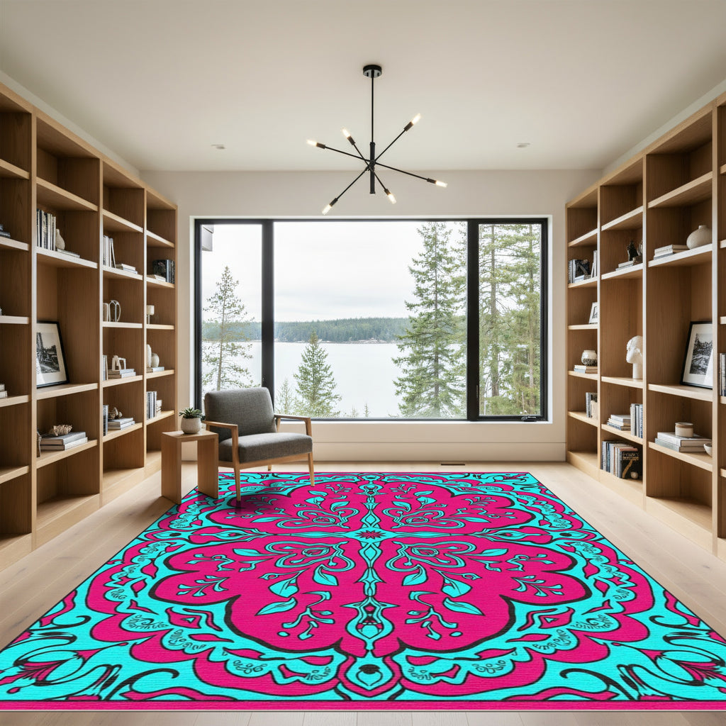 Vibrant Magenta Teal Floral Symmetry Rug