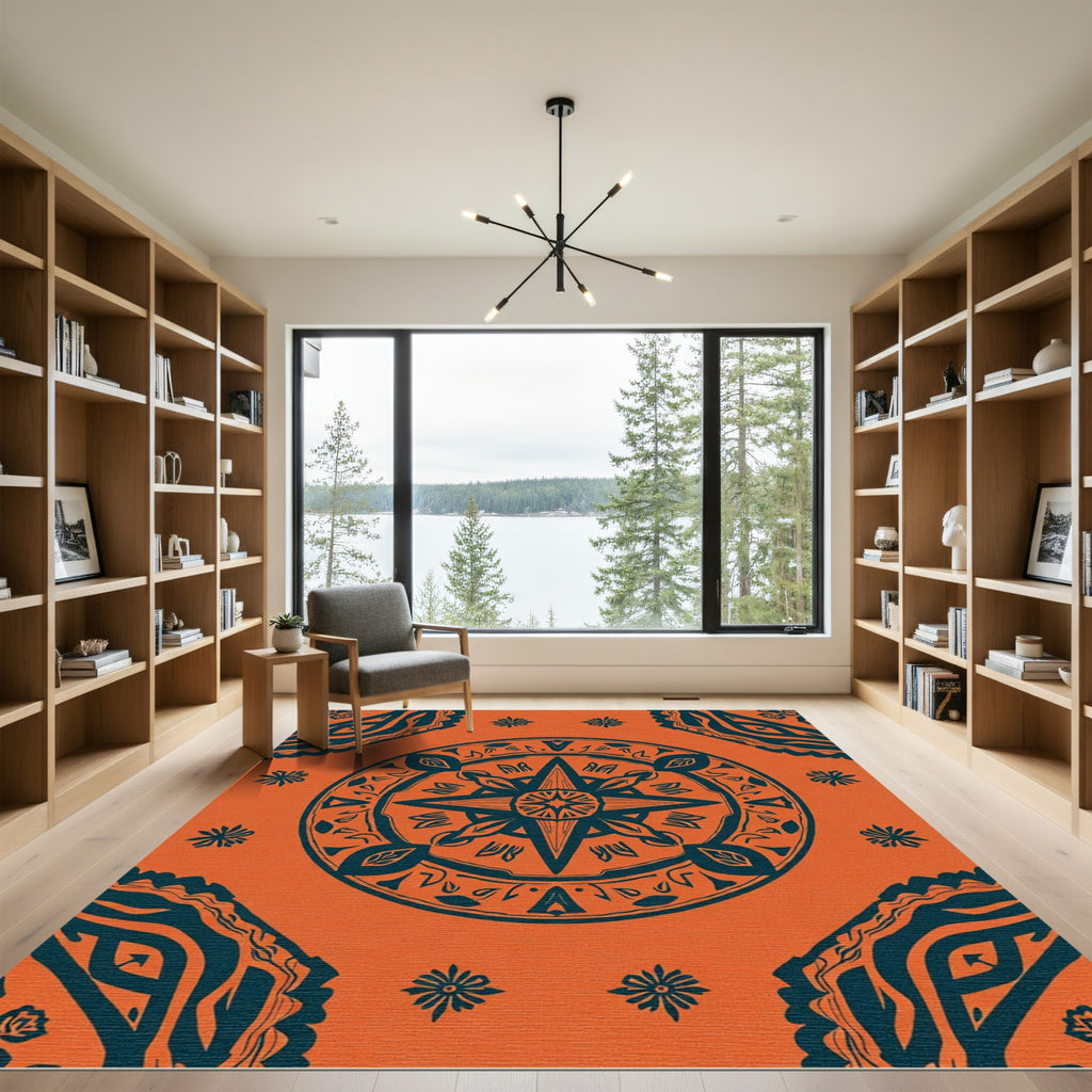 Vibrant Orange Teal Mandala Medallion Rug