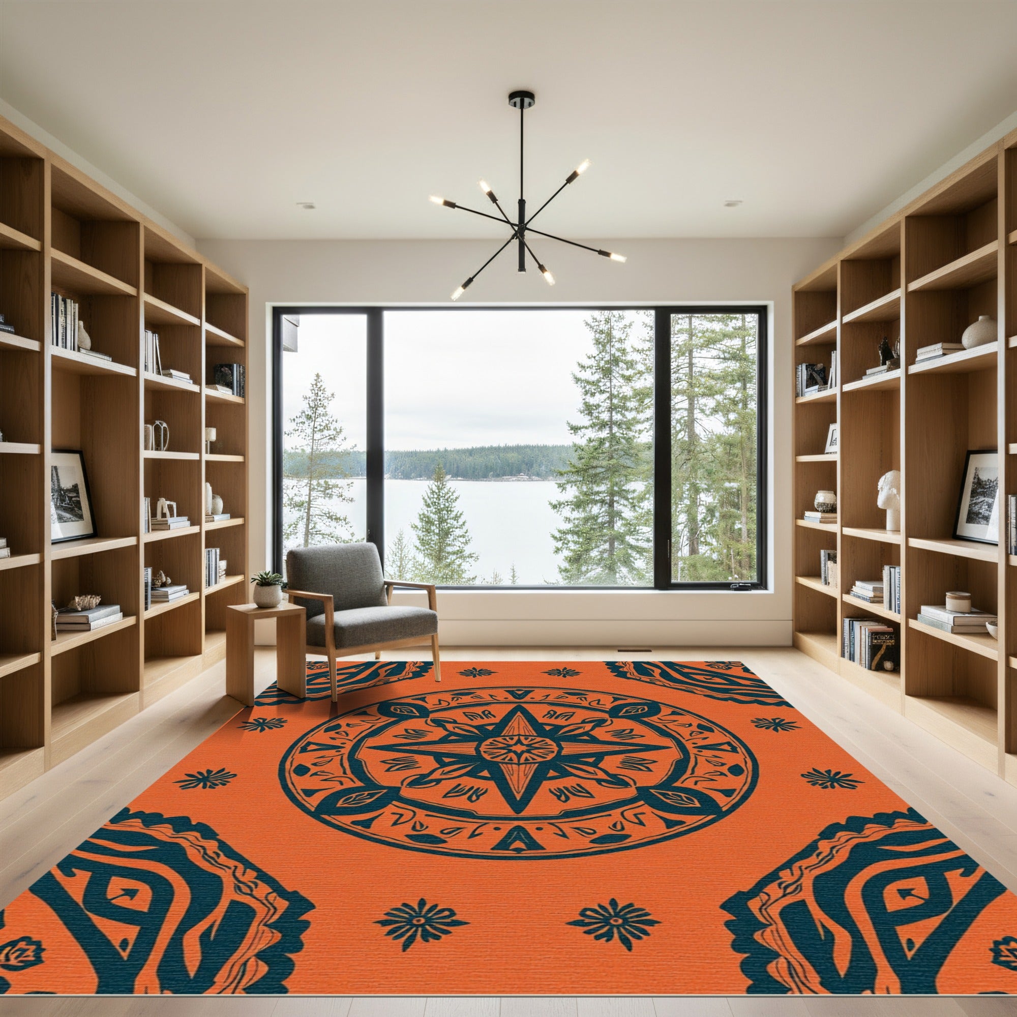 Vibrant Orange Teal Mandala Medallion Rug