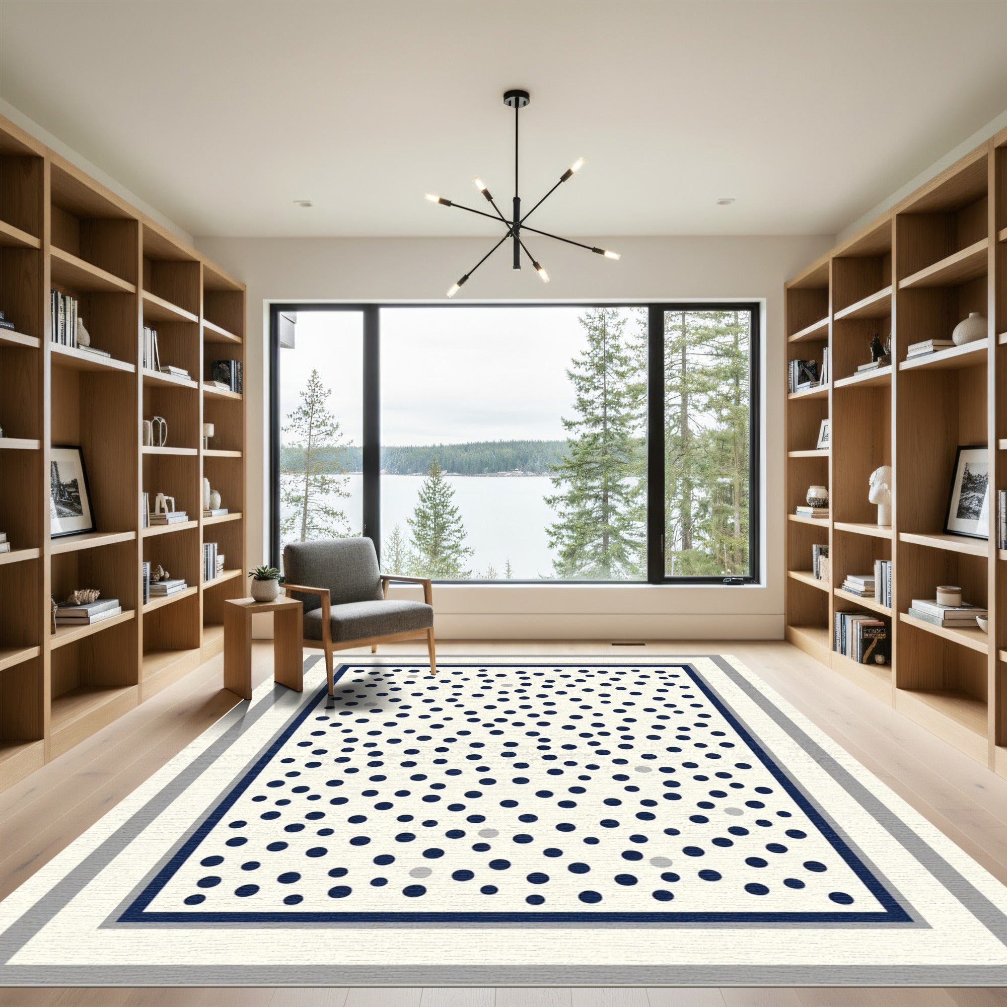 Navy Blue Scattered Dots Bordered Rug