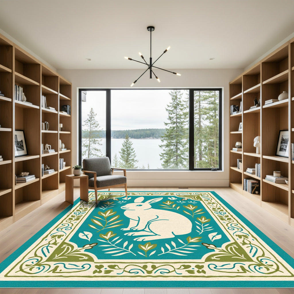 Cream Rabbit Teal Botanical Border Rug