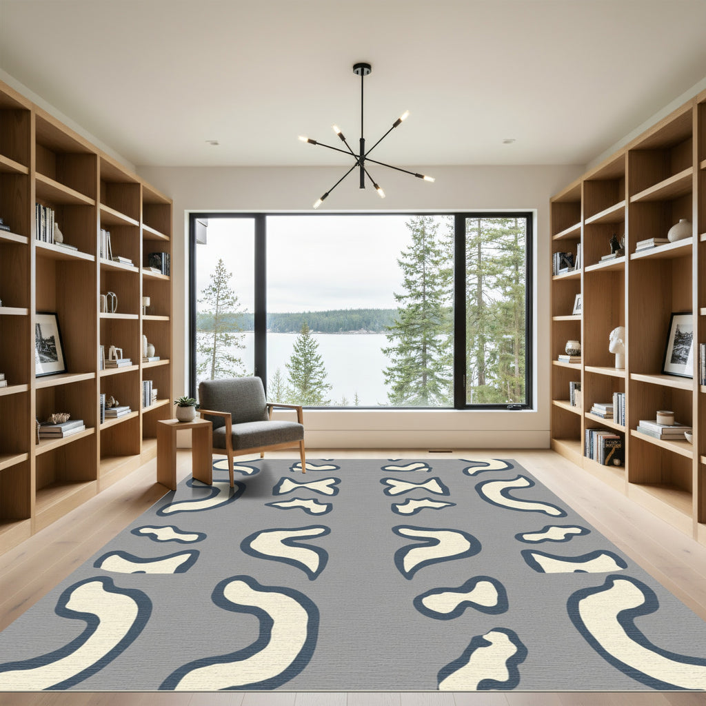 Organic Cream Blue Abstract Shapes Rug