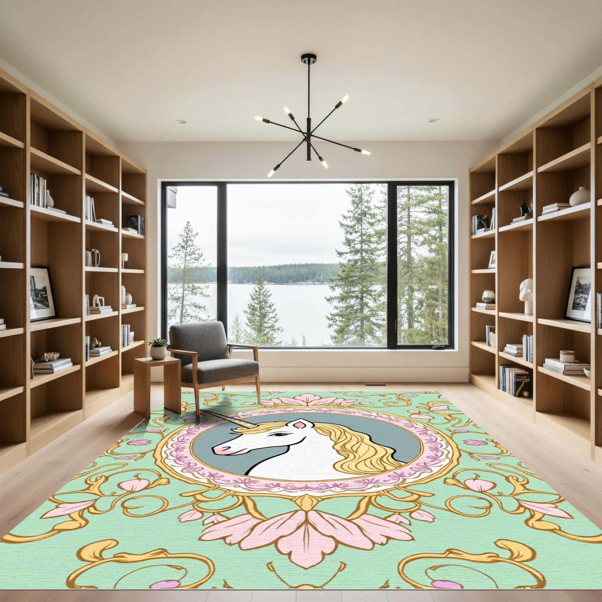 Enchanting Unicorn Teal Floral Frame Rug