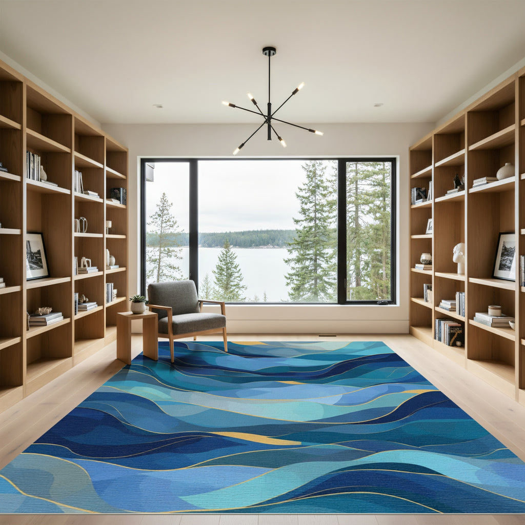 Deep Blue Wave Abstract Gold Lines Rug