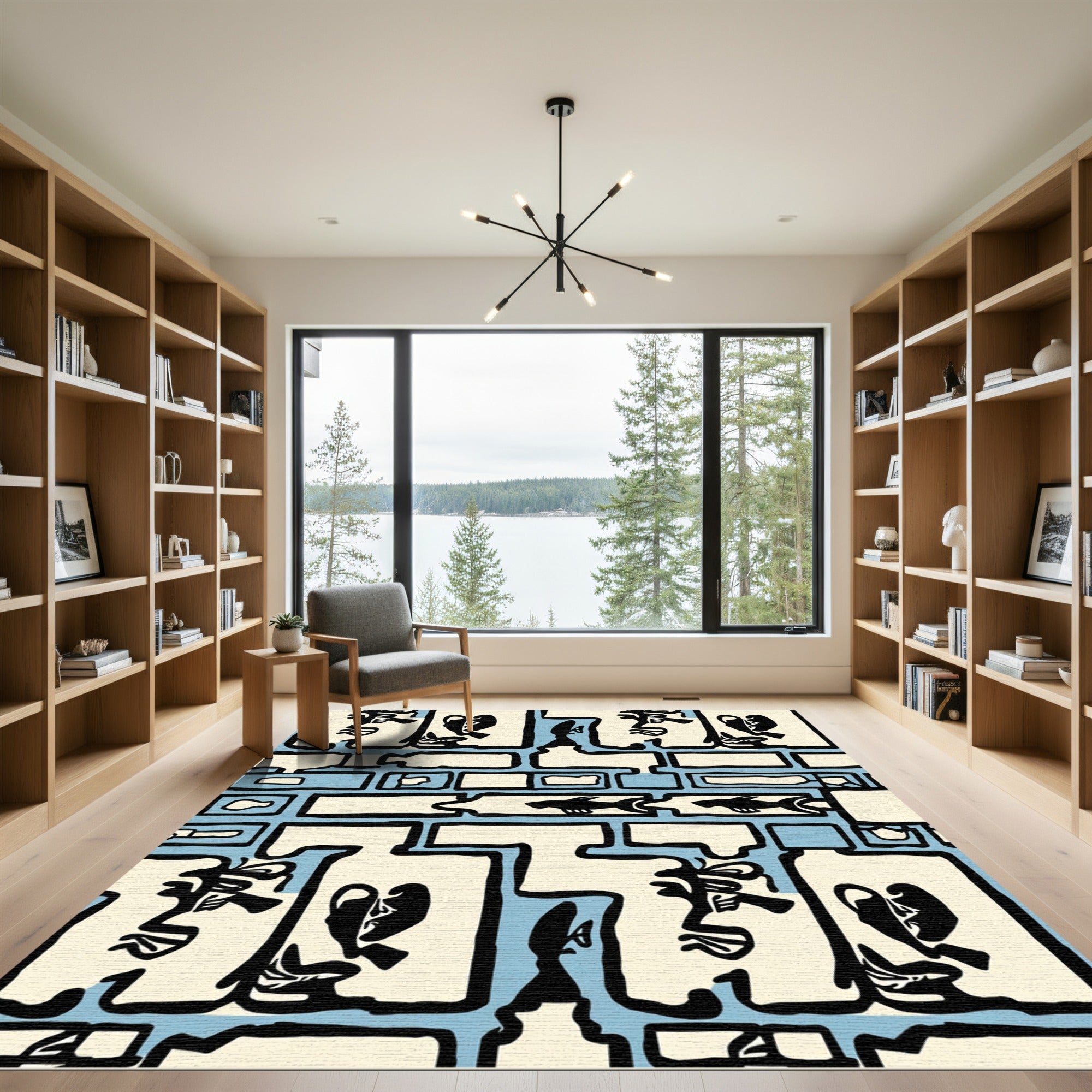 Abstract Faces Fish Blue Cream Rug