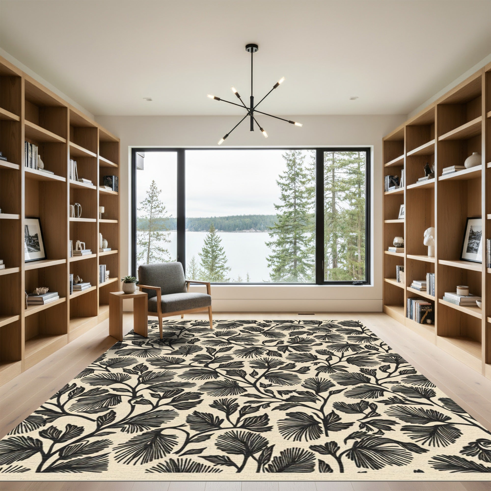 Black Pine Needle Botanical Arrangement Rug