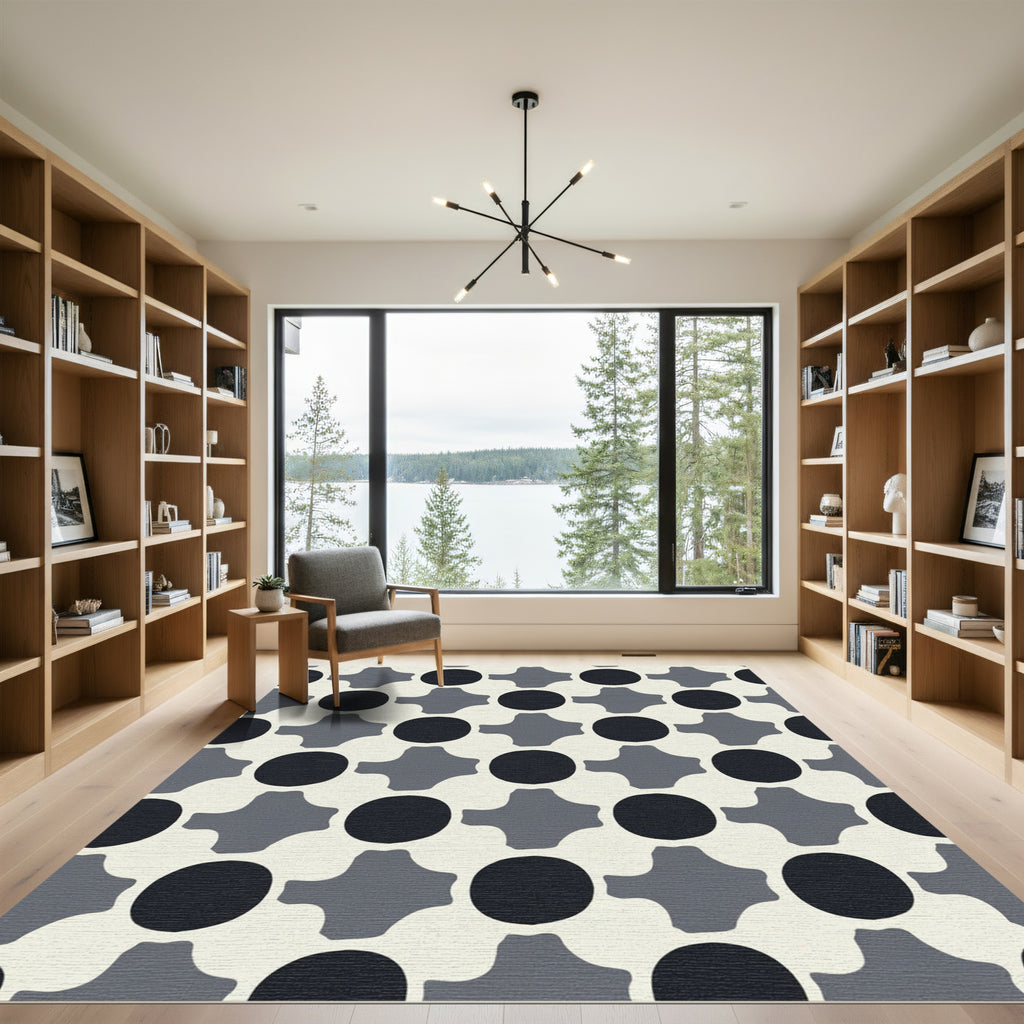 Monochrome Abstract Circles and Crosses Rug