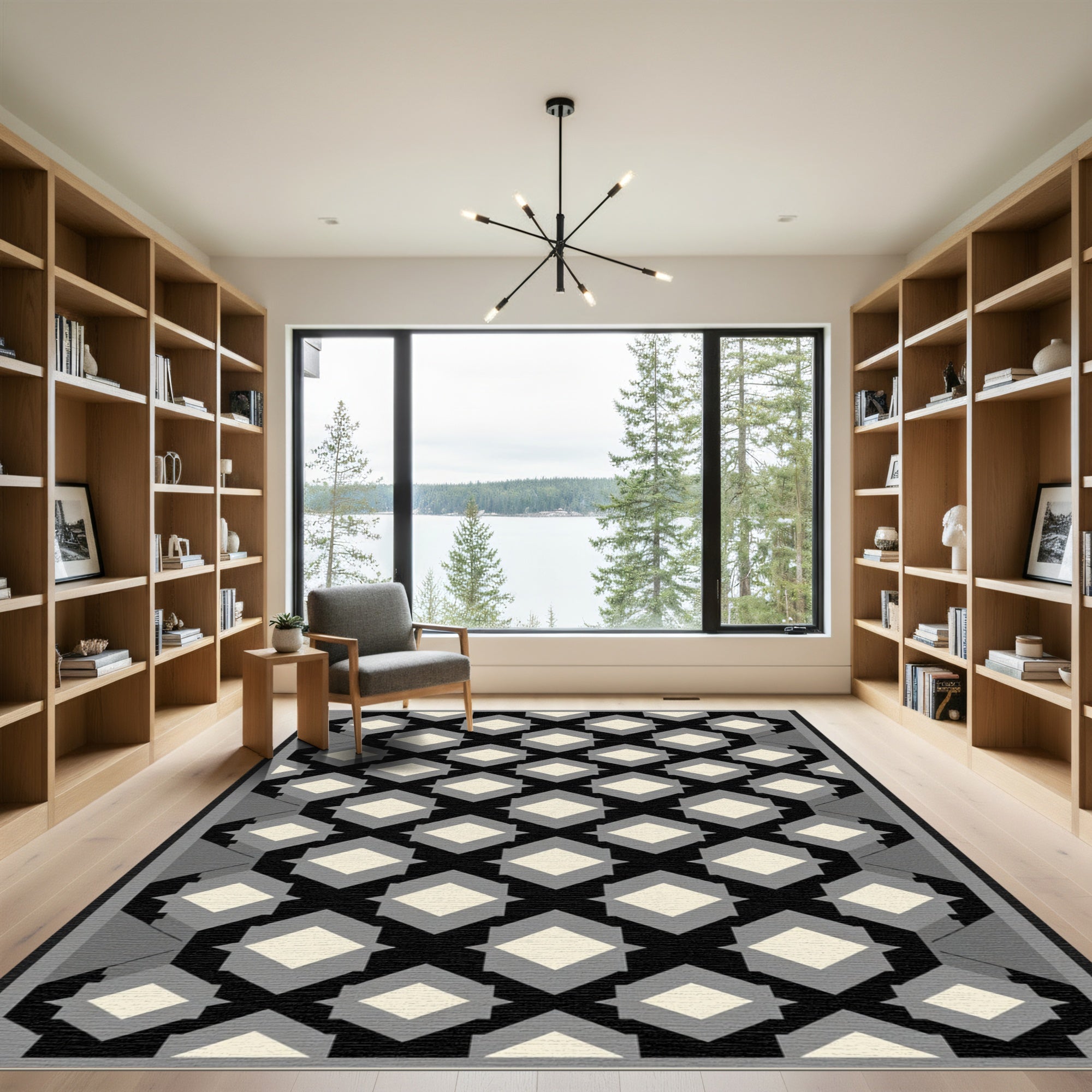 Black Cream Gray Geometric Diamond Rug