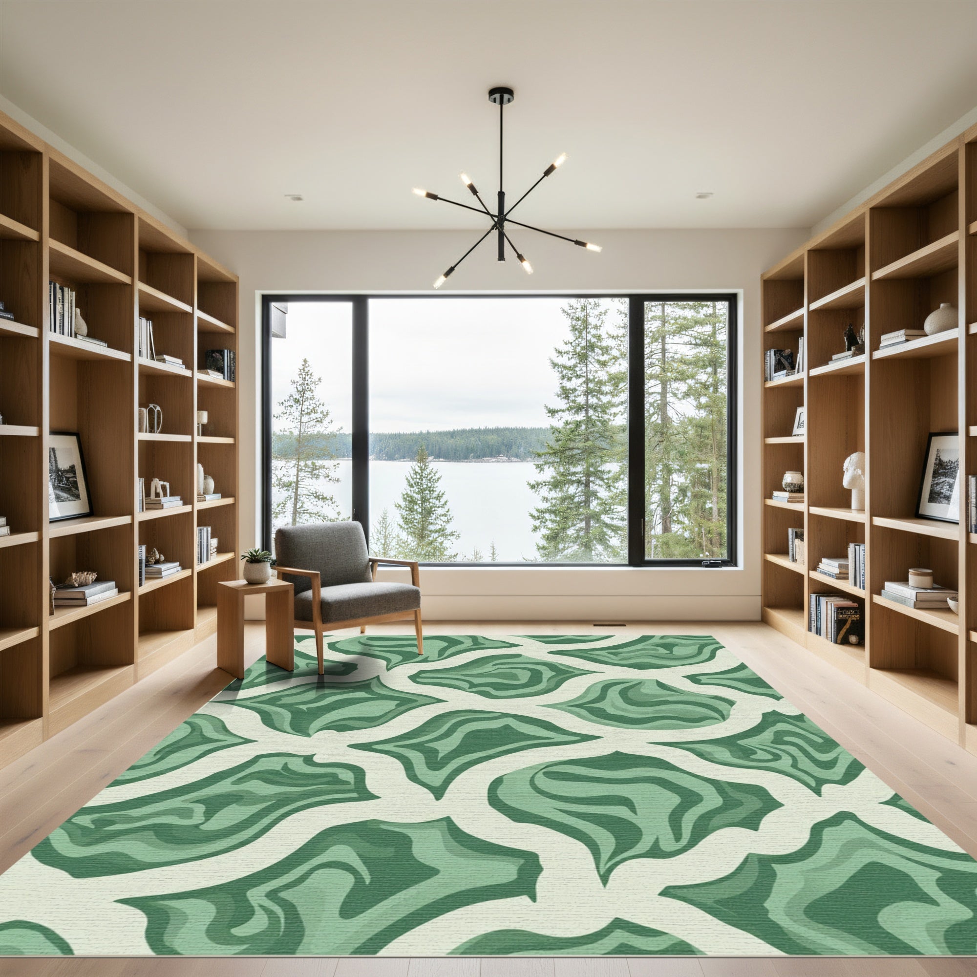 Abstract Swirl Green Ivory Organic Rug