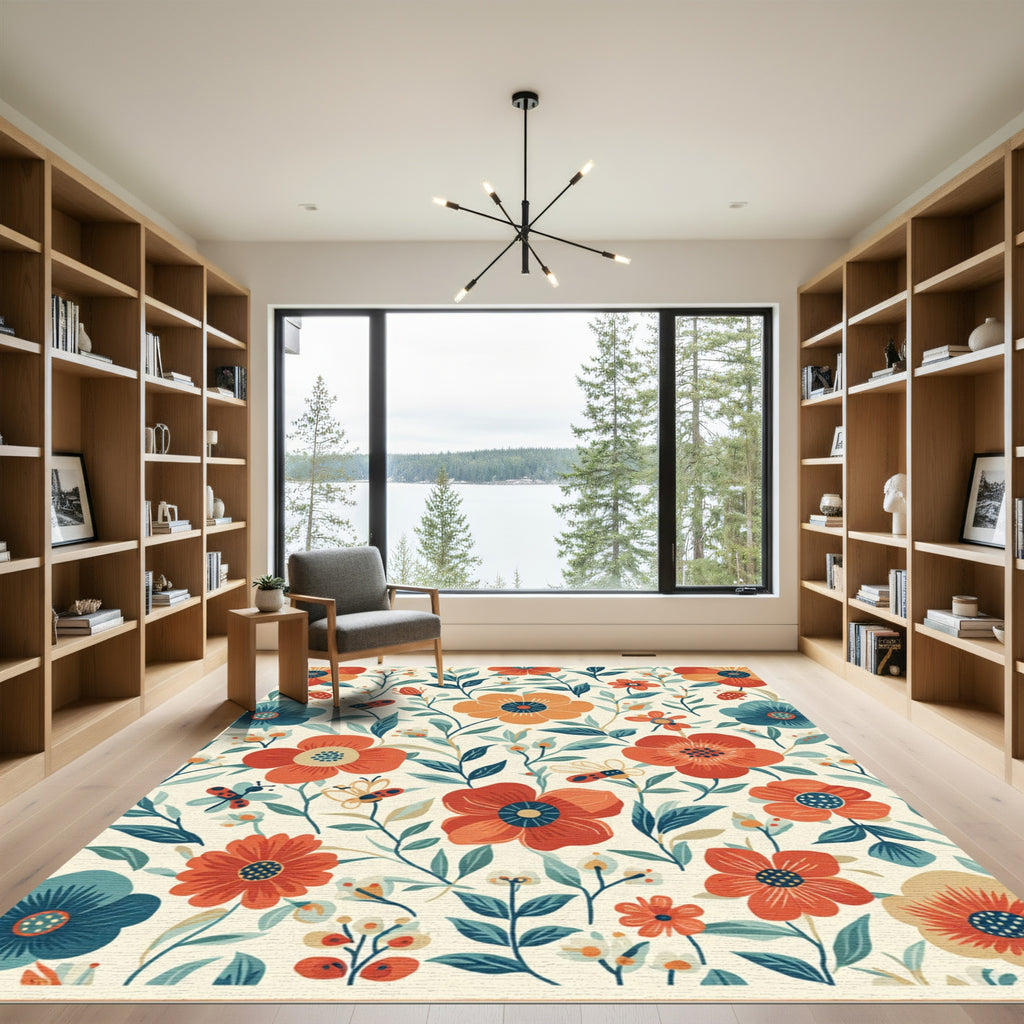 Whimsical Red Orange Floral Garden Bugs Rug