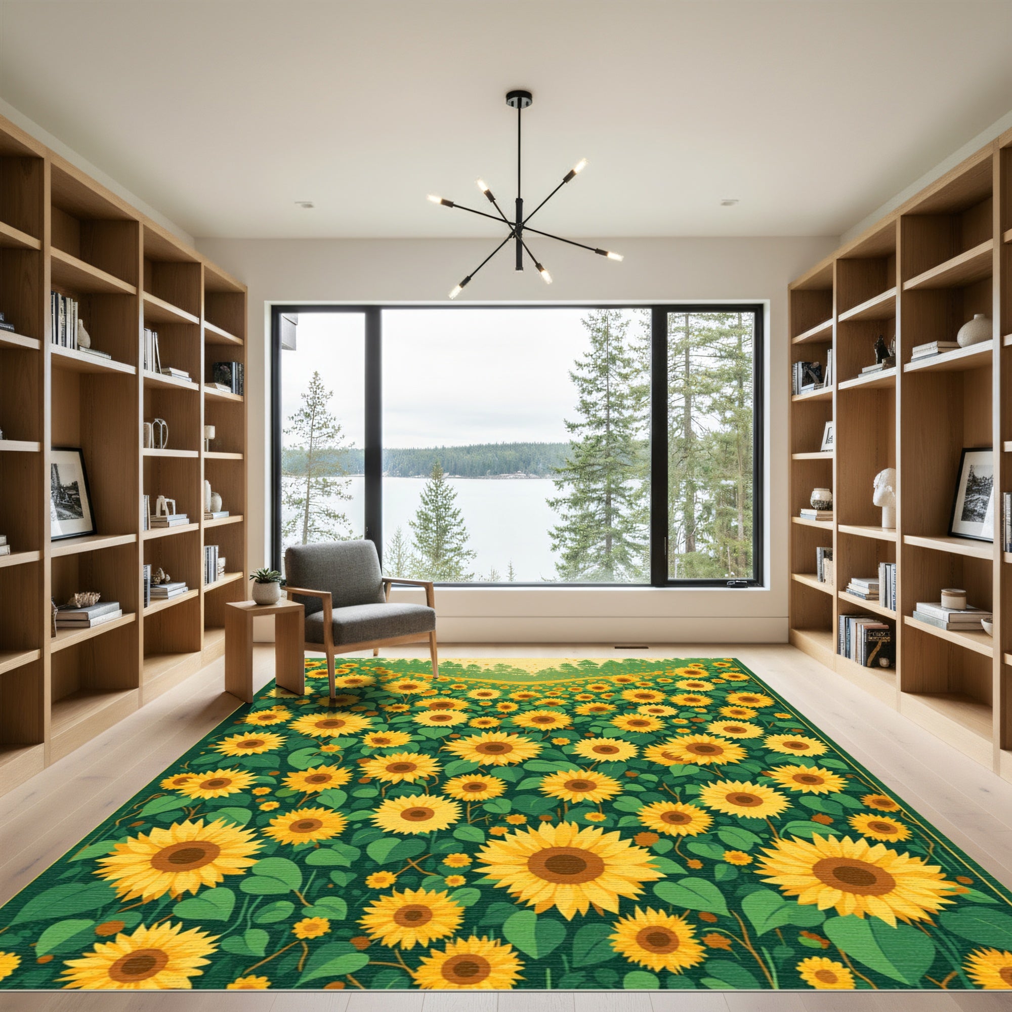 Golden Yellow Sunflower Garden Scene Rug
