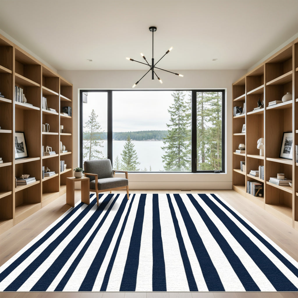 Navy White Irregular Stripe Rug