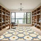 Cream Blue Gold Floral Lattice Rug