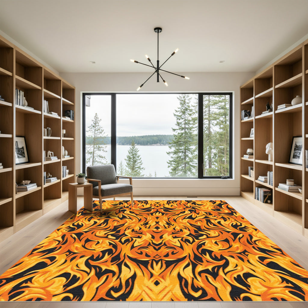 Fiery Amber Flames Mandala Rug