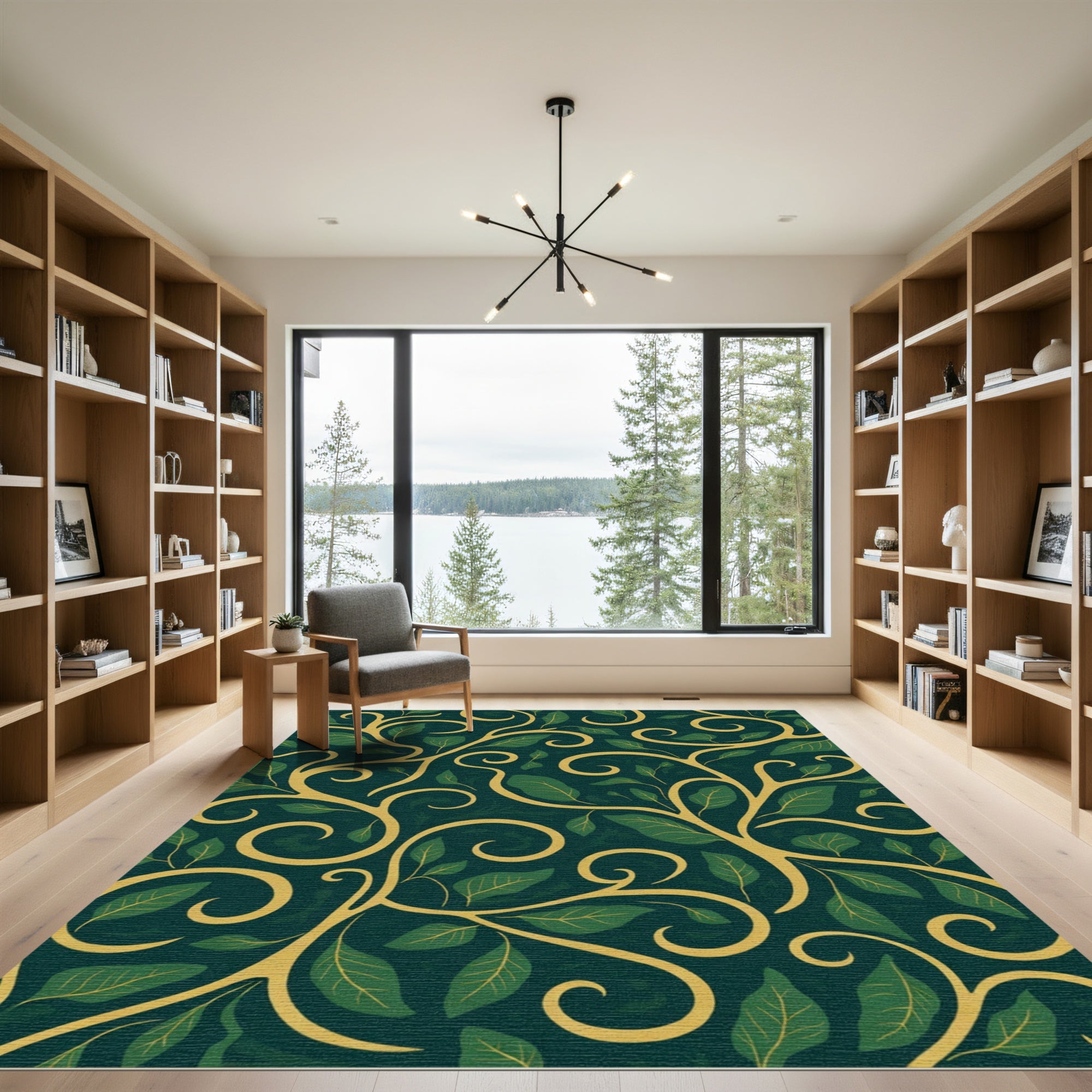 Elegant Gold Green Leaf Swirls Rug