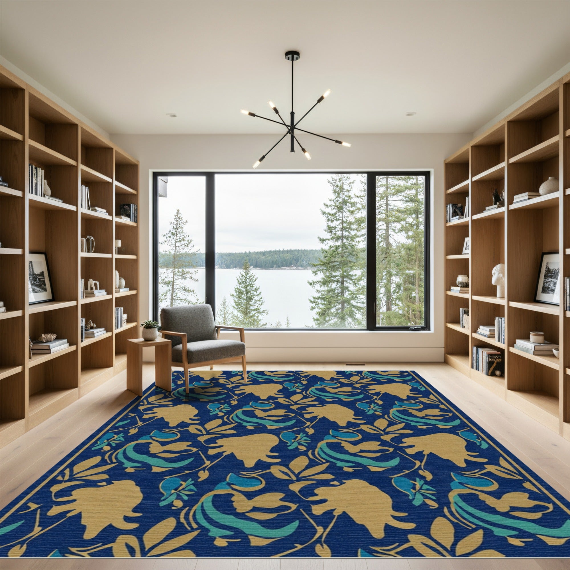 Golden Blue Floral Swirl Rug