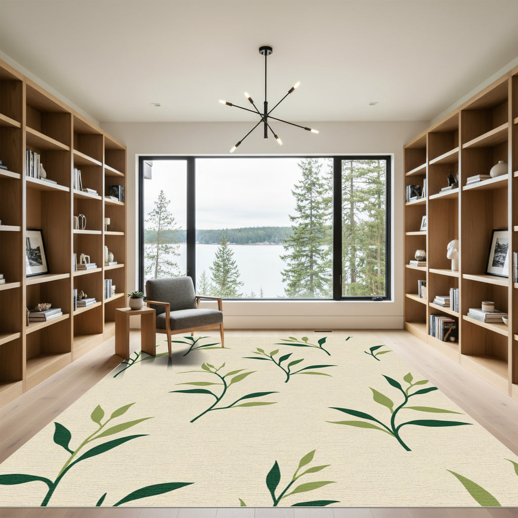 Green Leaf Branches Cream Ground Rug