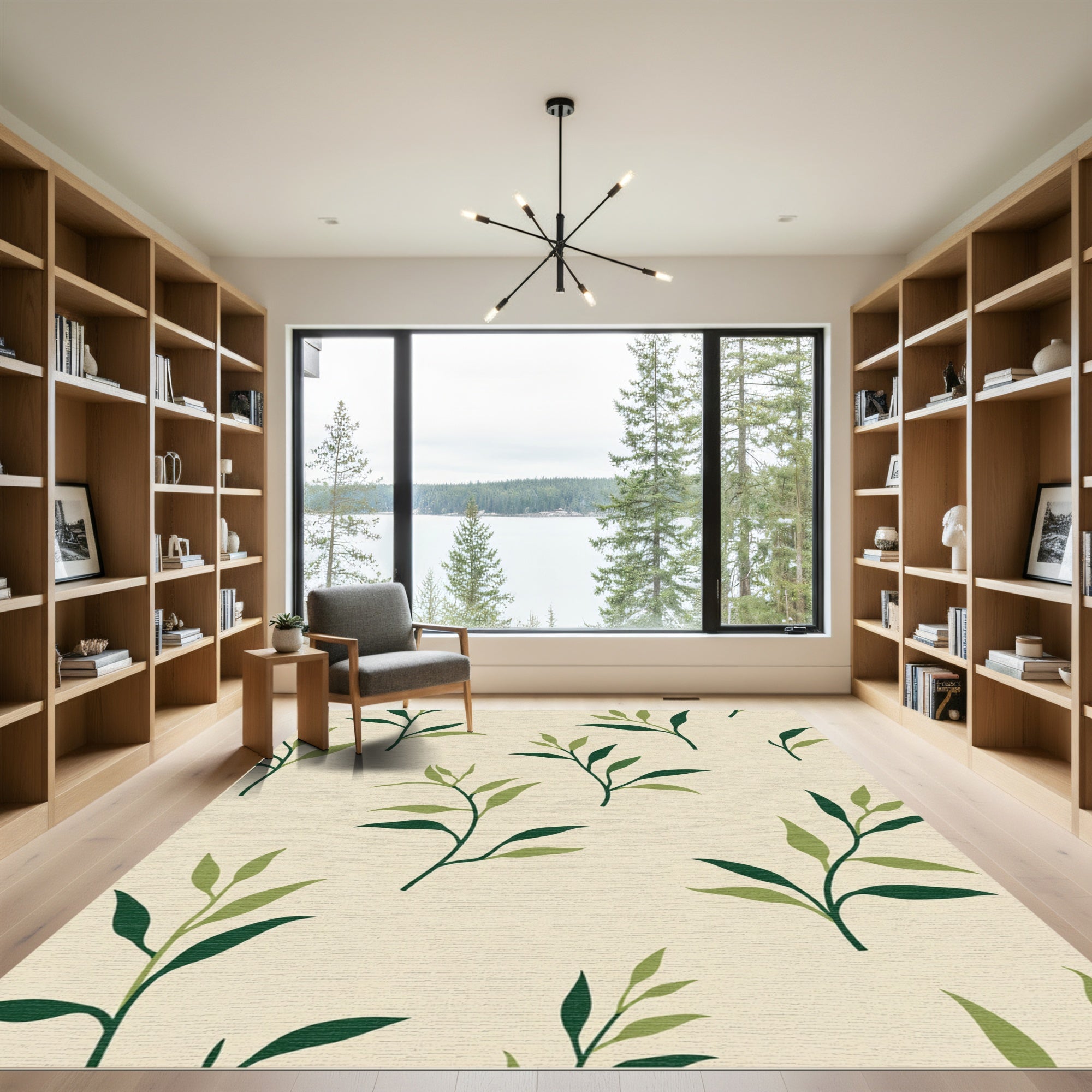 Green Leaf Branches Cream Ground Rug