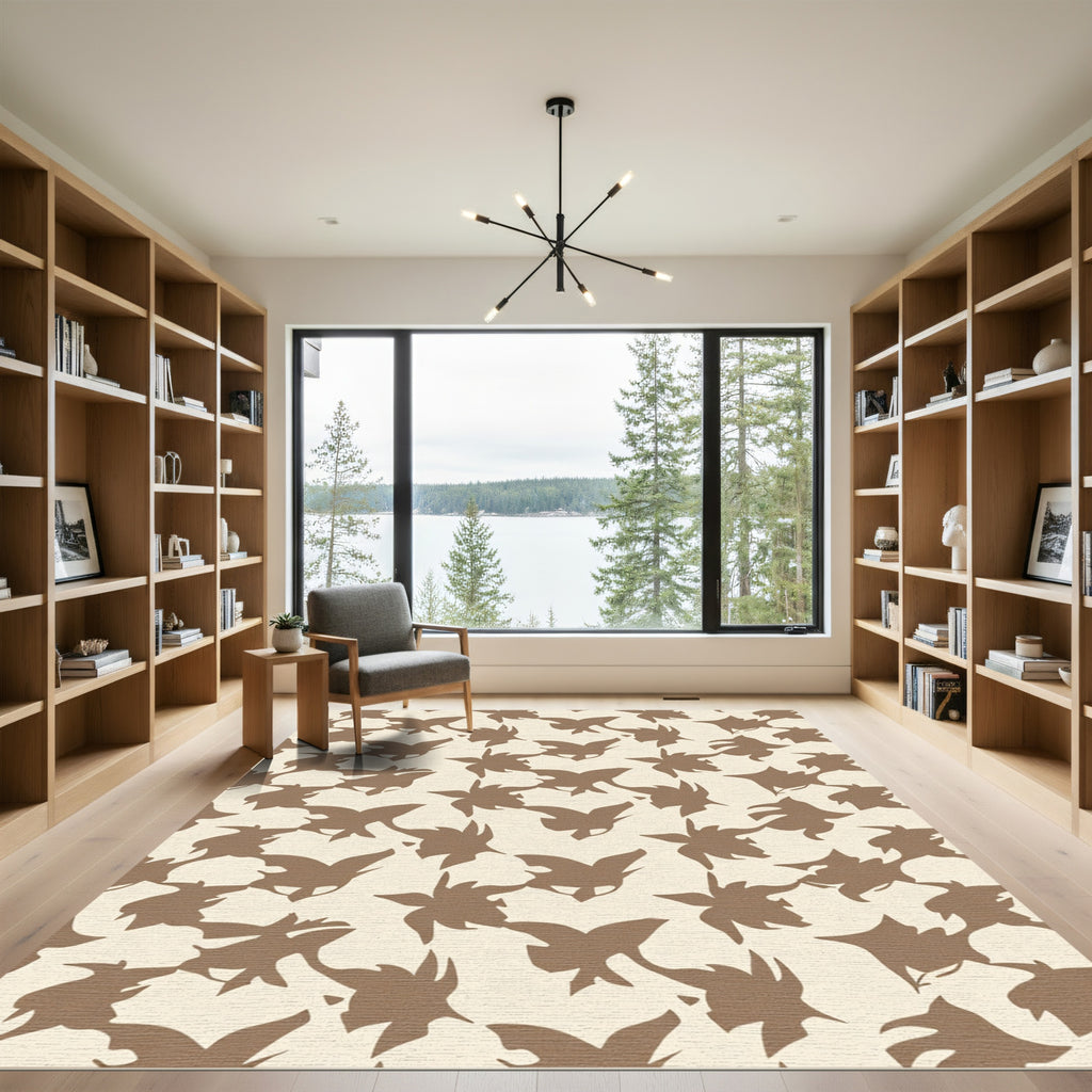 Cream Brown Abstract Leafy Swirl Rug