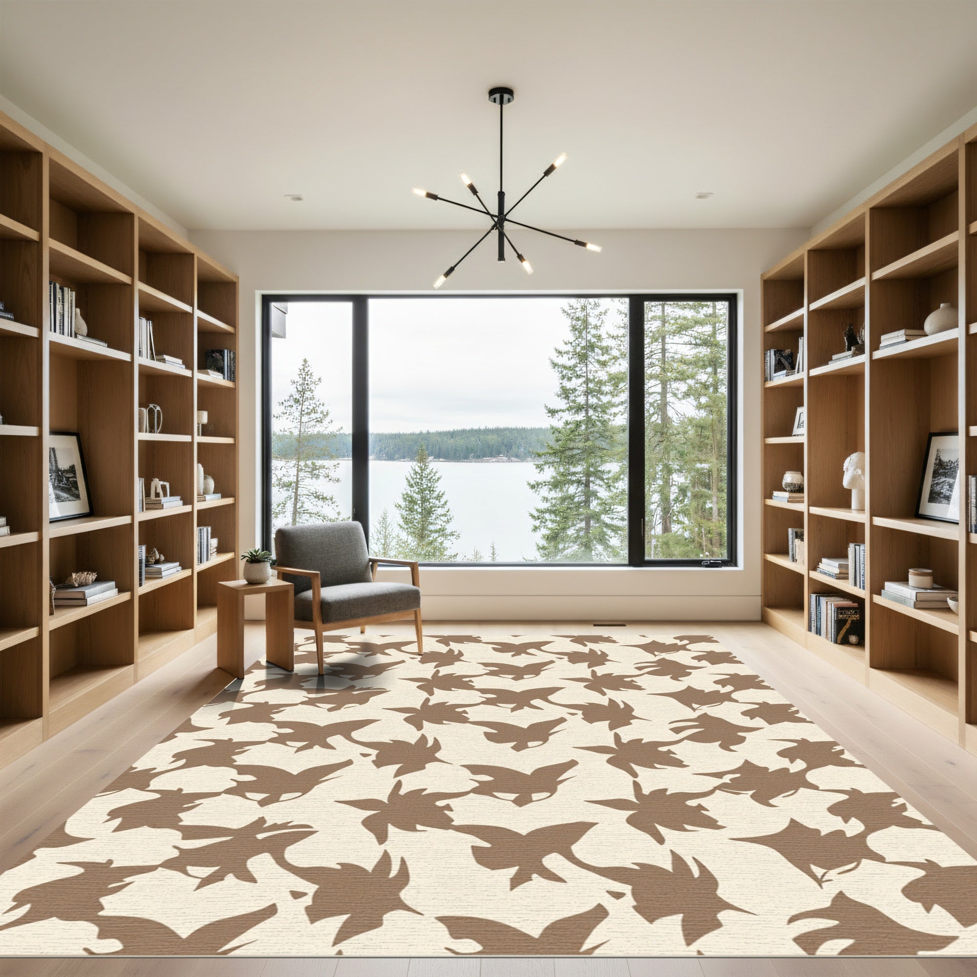 Cream Brown Abstract Leafy Swirl Rug