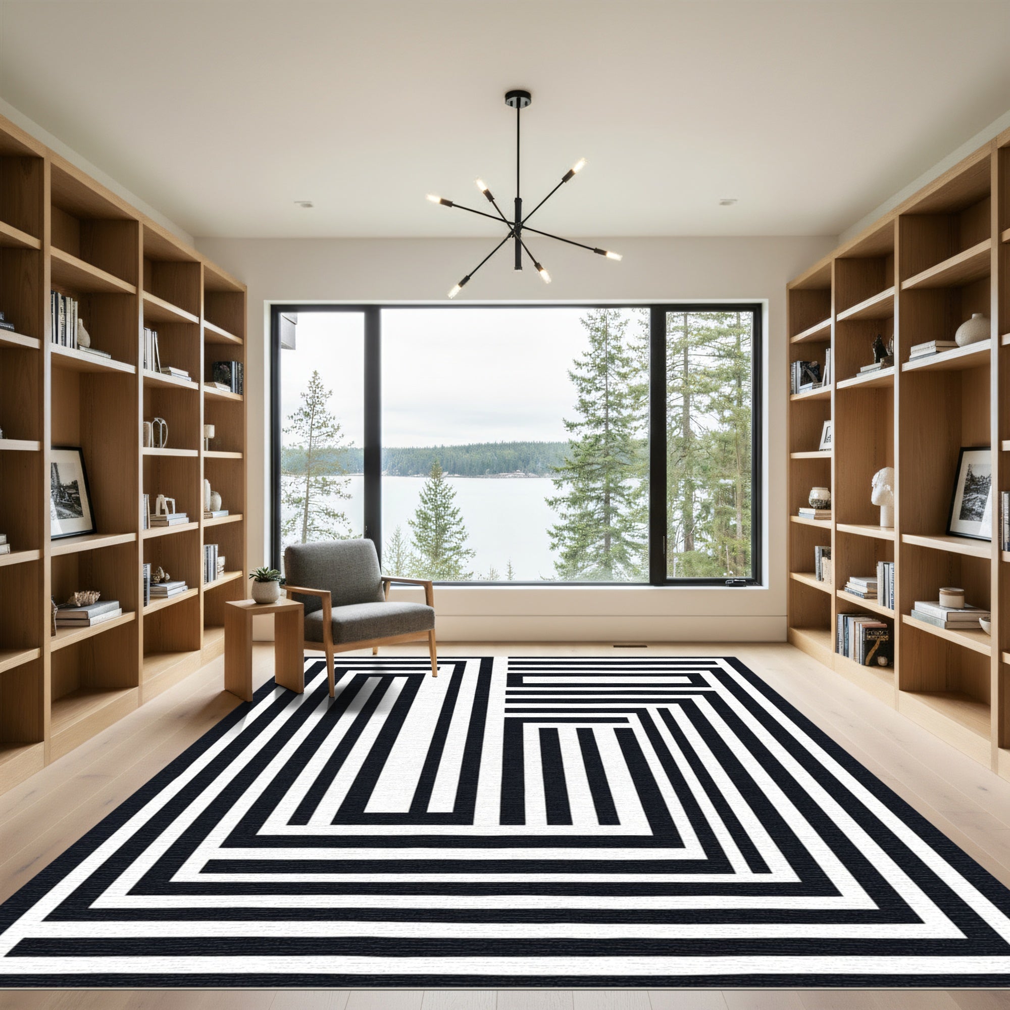 Abstract Black White Stripe Maze Rug