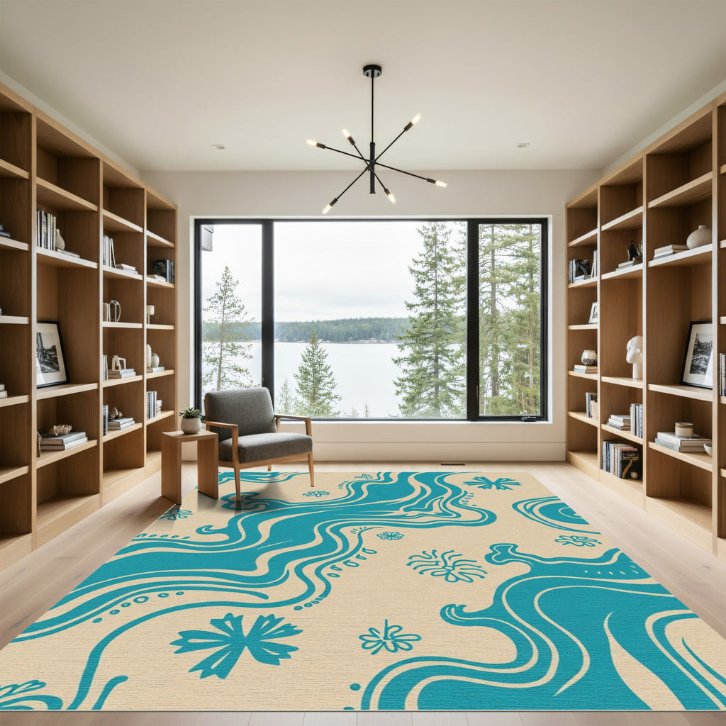 Teal Wavy Floral Organic Rug