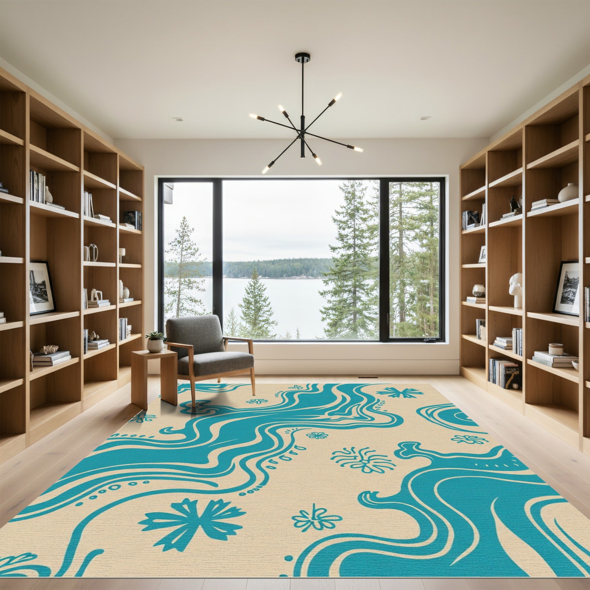 Teal Wavy Floral Organic Rug