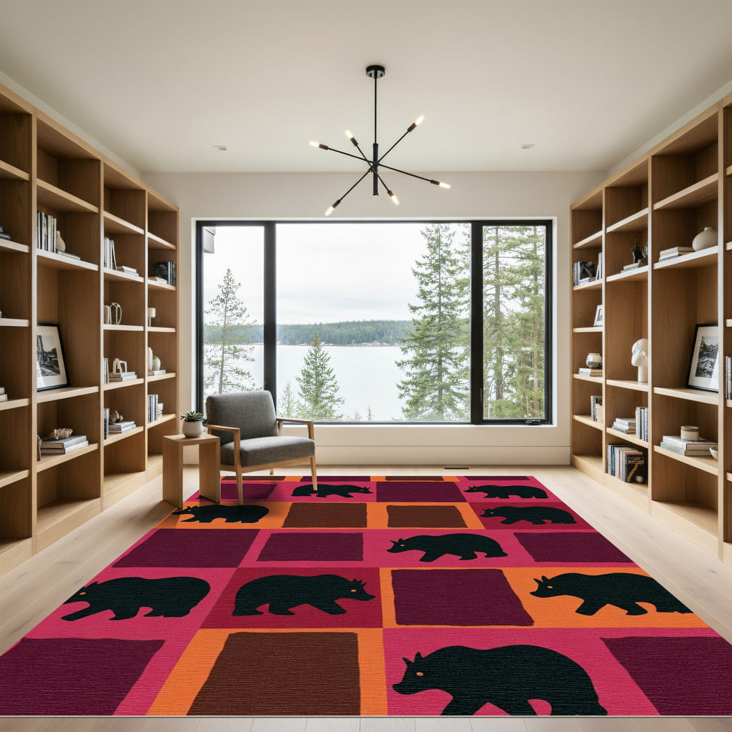 Rustic Black Bear Squares Design Rug