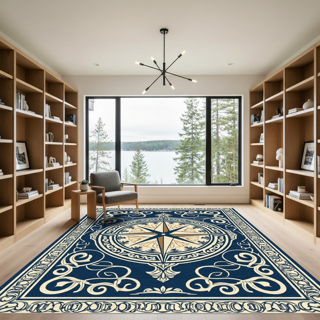 Navy Gold Compass Medallion Border Rug