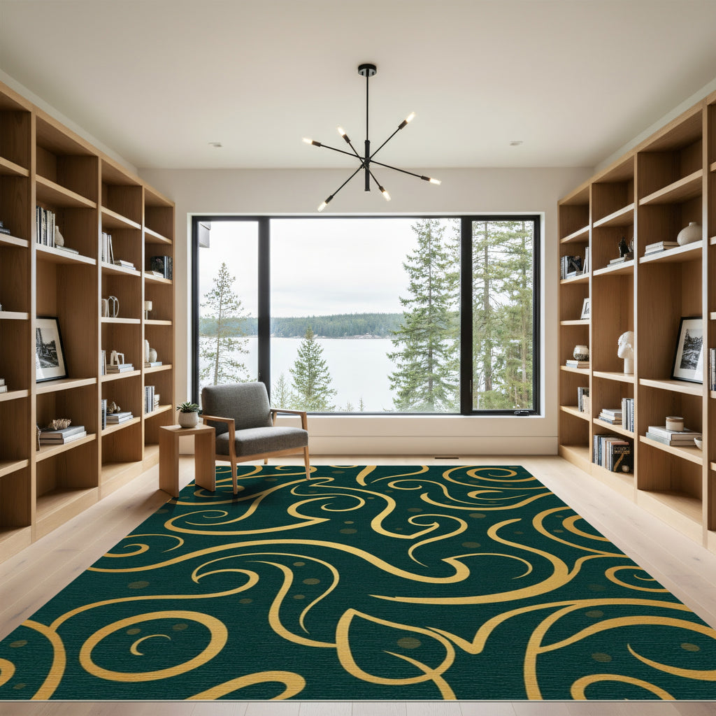 Deep Emerald Gold Swirl Accents Rug