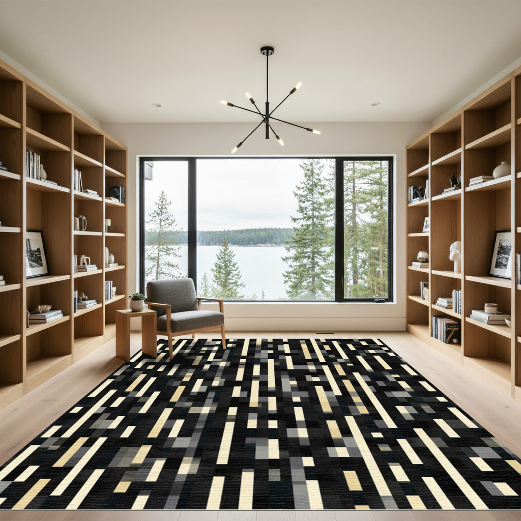 Black Beige Vertical Pixel Lines Rug