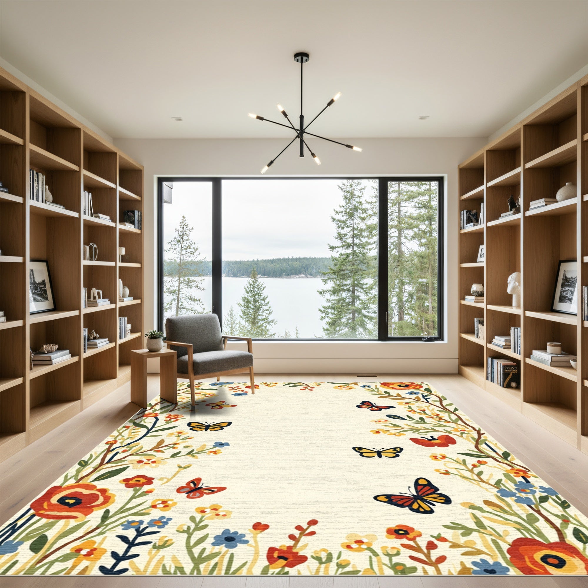 Vibrant Butterfly Meadow Floral Border Rug