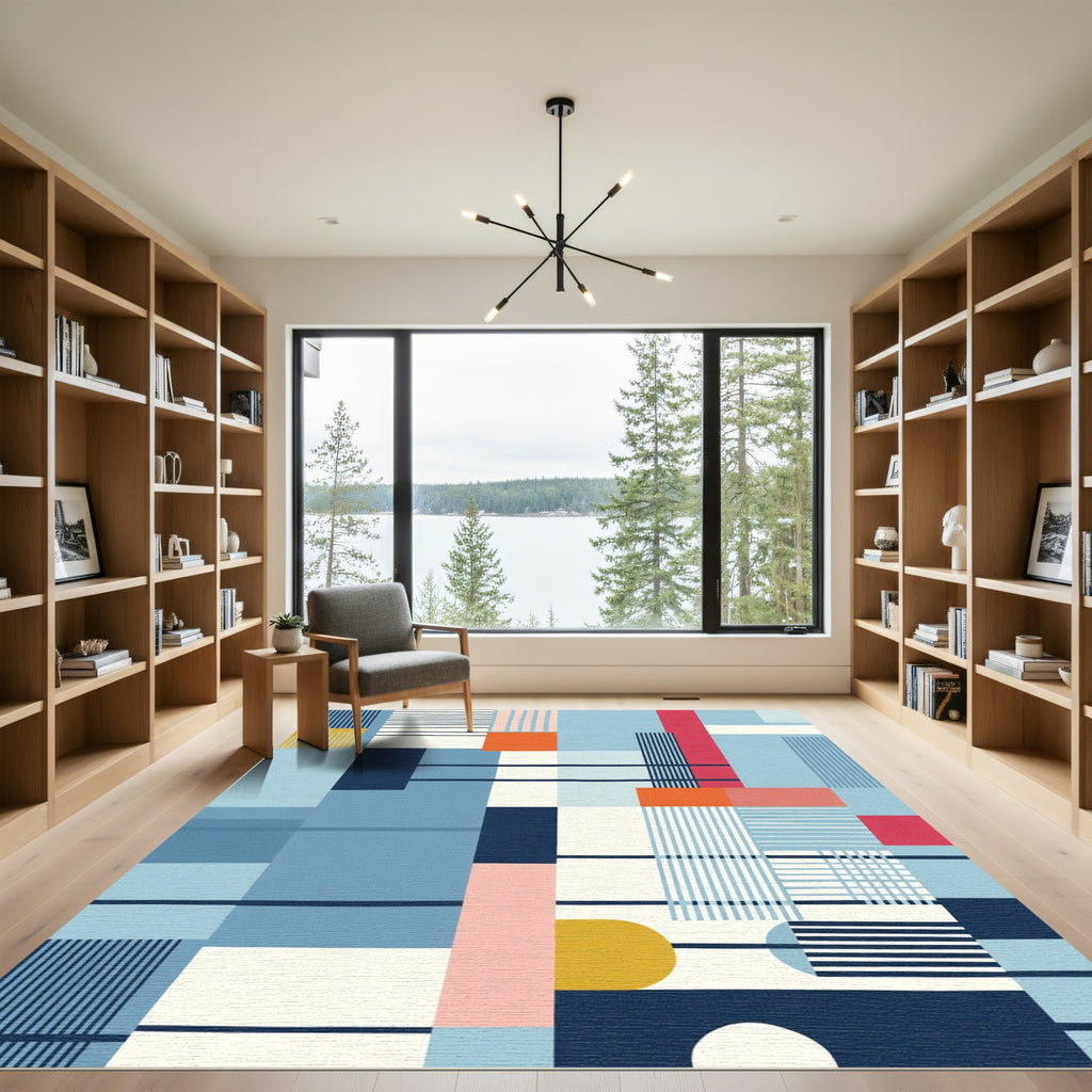 Abstract Geometric Blue Red Yellow Blocks Rug