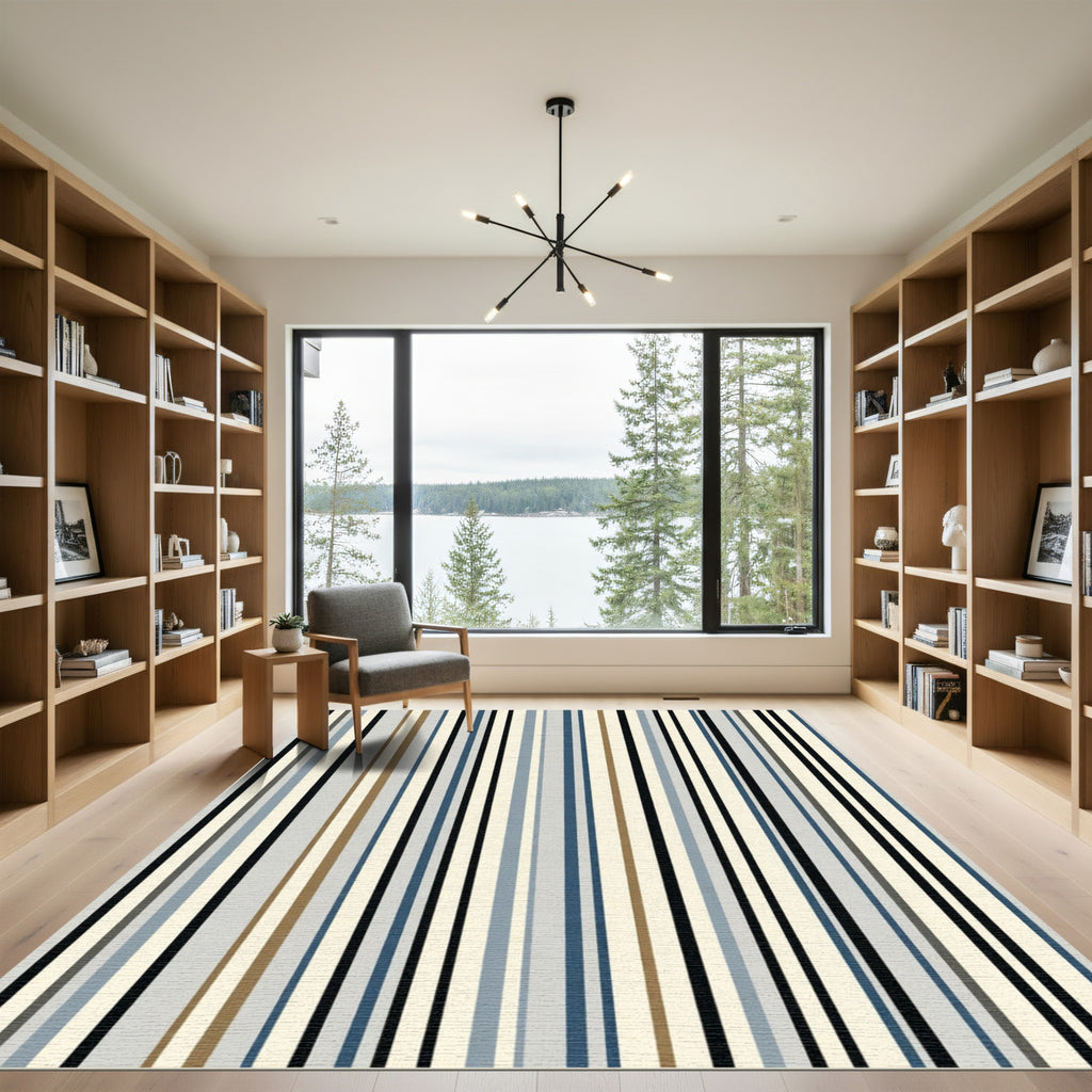 Naval Blue Earthy Tone Striped Rug