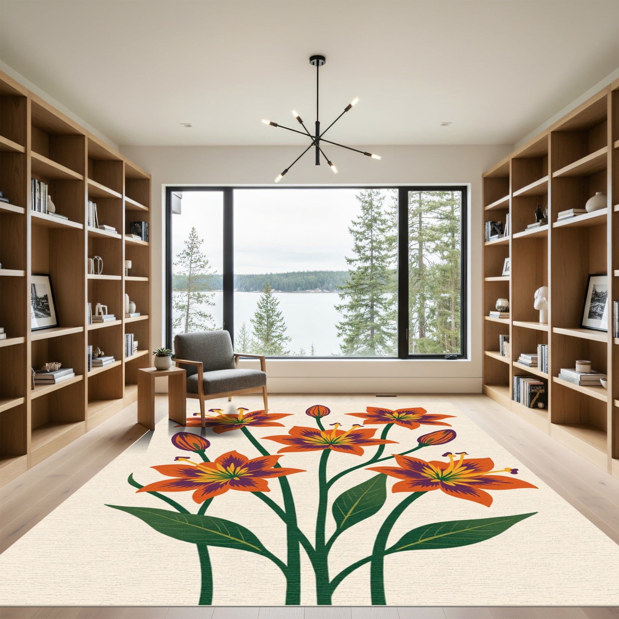 Bold Orange Lily Floral Bouquet Rug