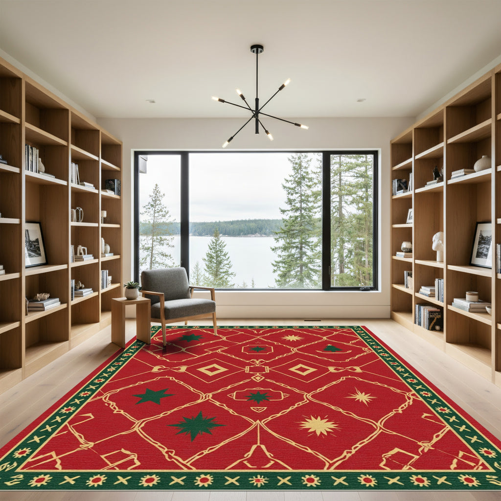 Crimson Gold Star Geometric Border Rug