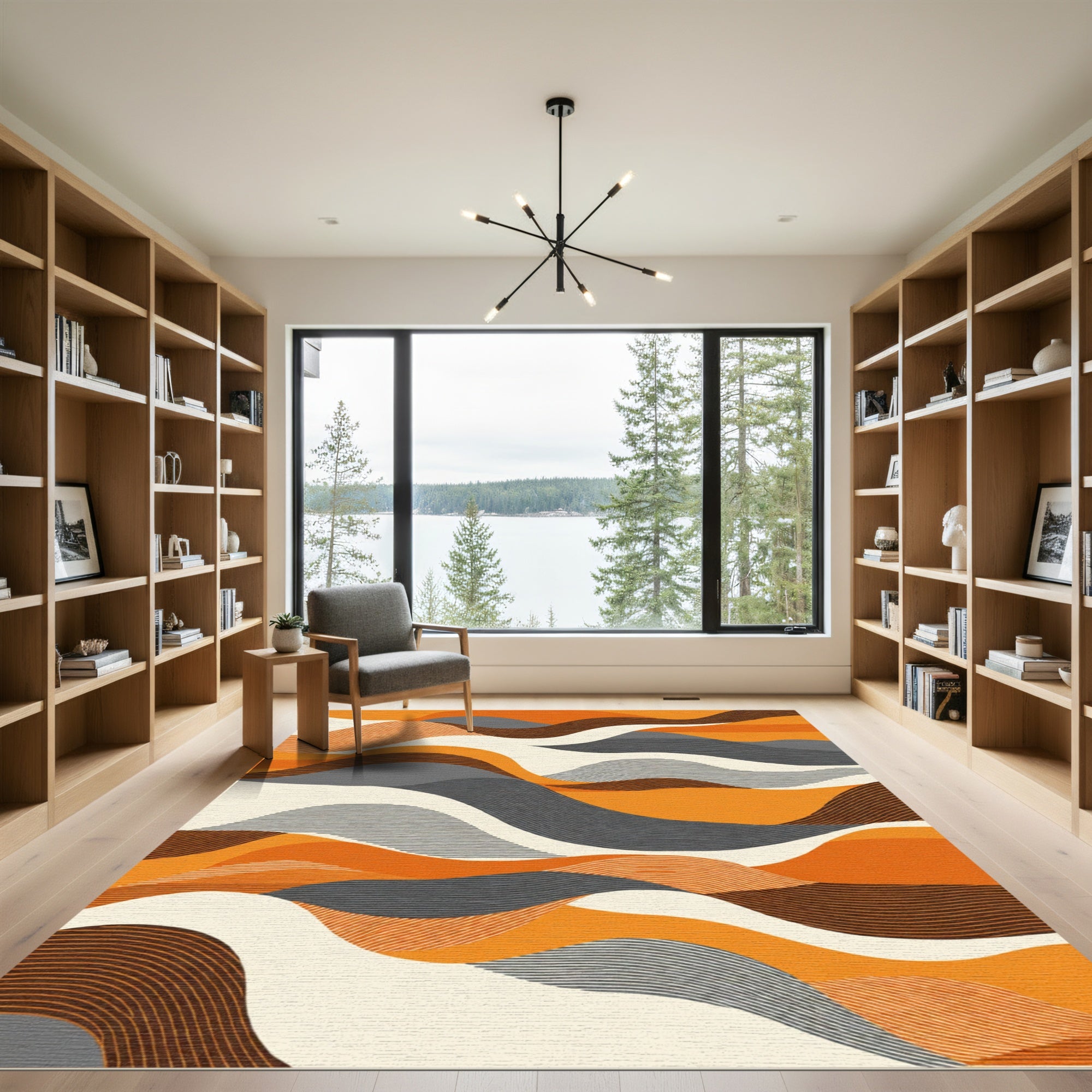 Warm Orange Abstract Wavy Landscape Rug