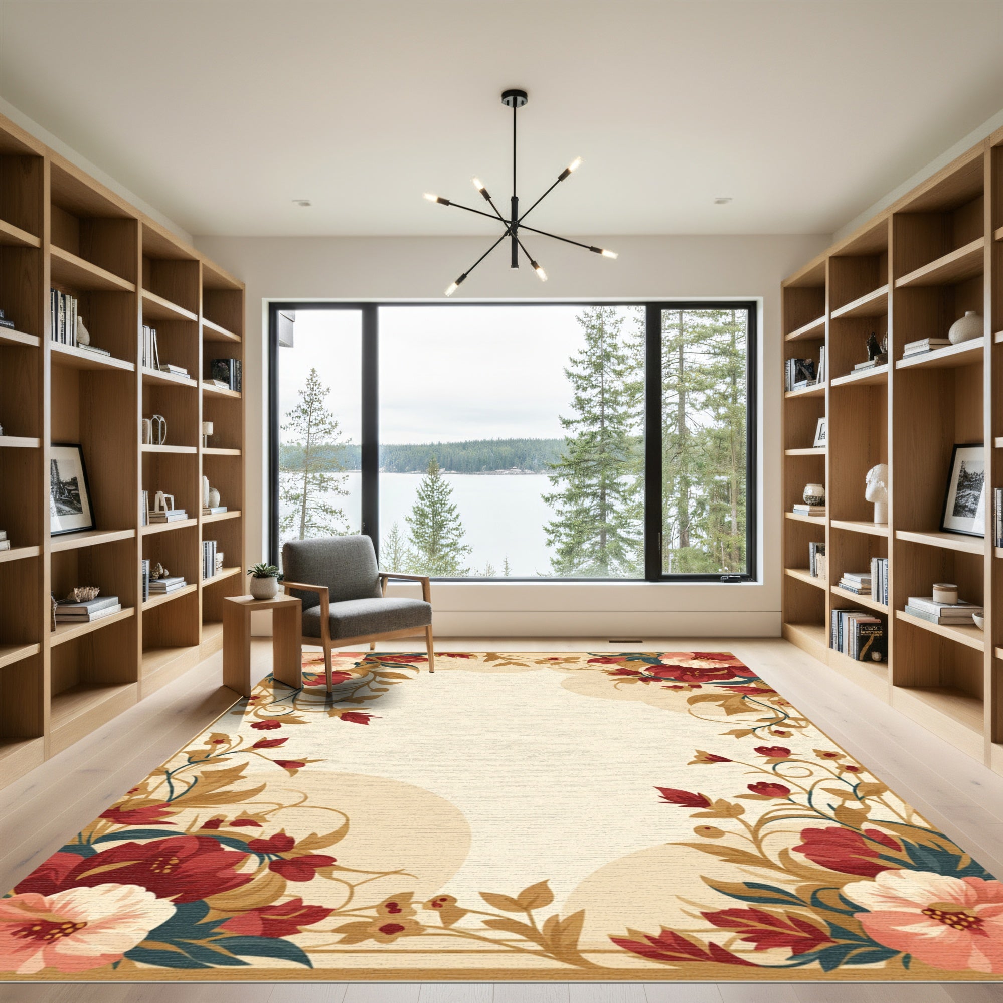 Rich Red Floral Vine Frame Rug