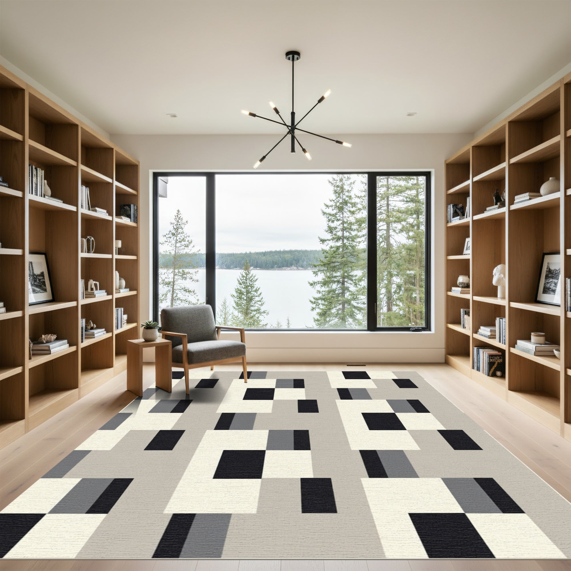Gray Cream Black Geometric Grid Rug
