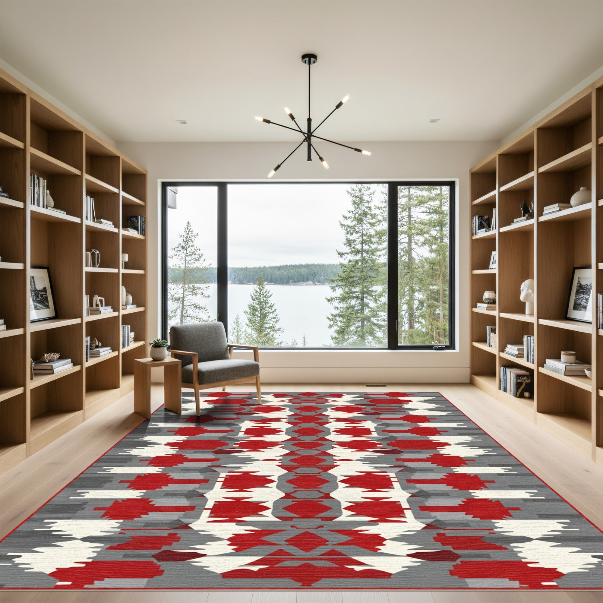 Crimson Red Gray Geometric Blocks Rug