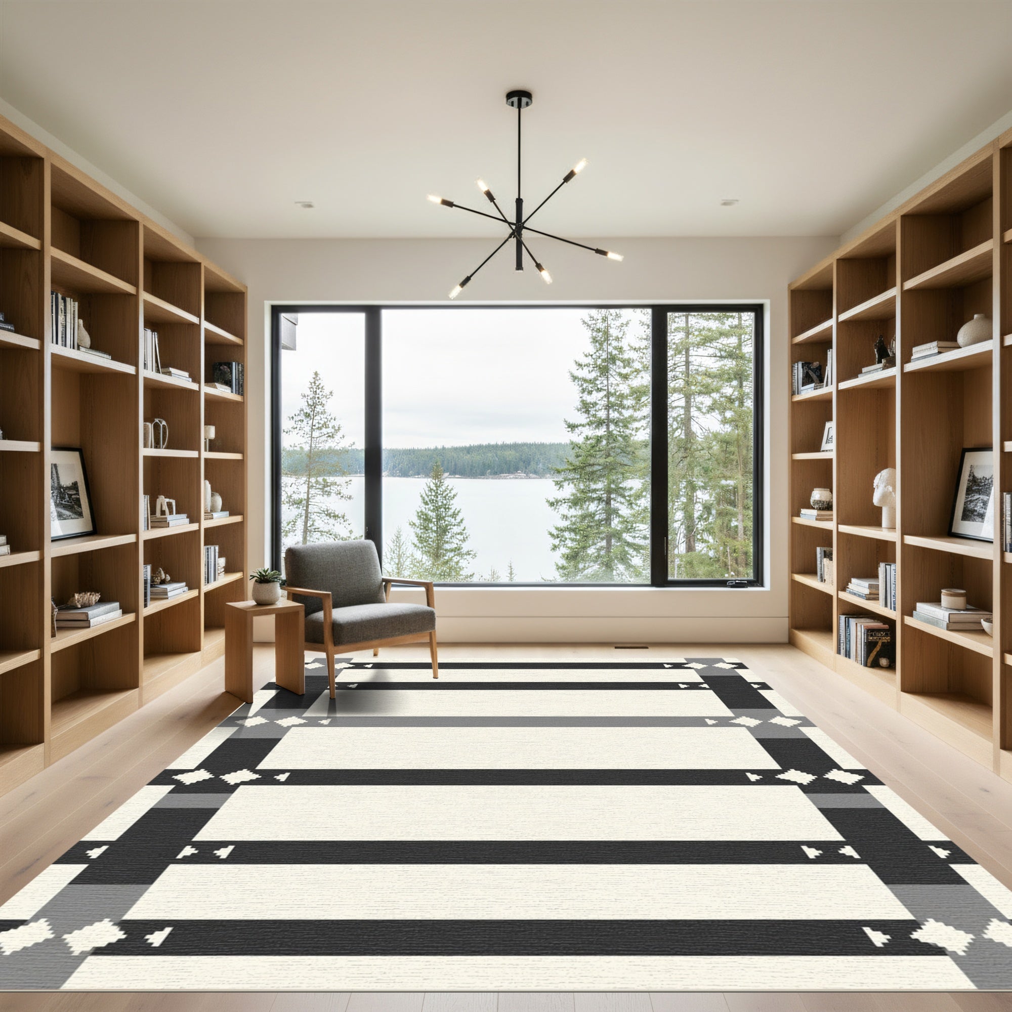 Black Gray Cream Geometric Stripe Rug