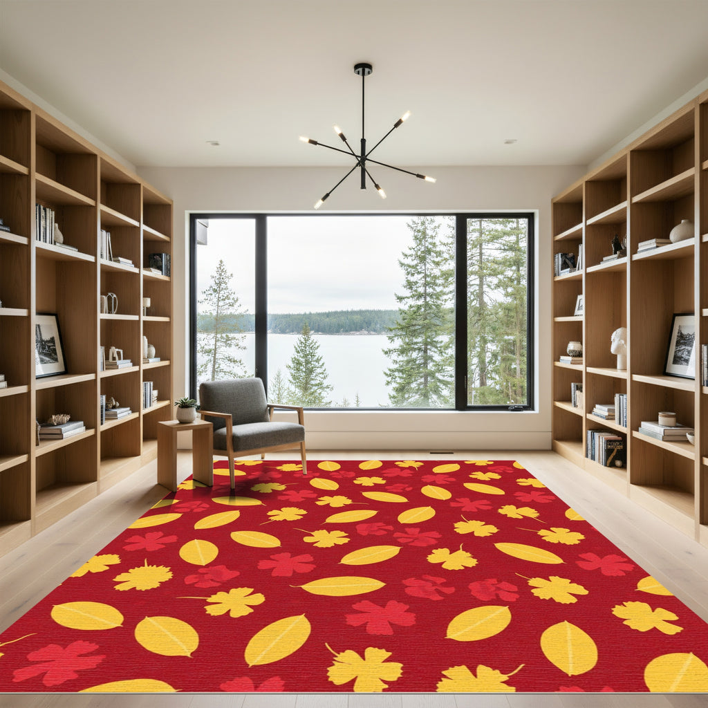 Red Yellow Floral Leaf Composition Rug
