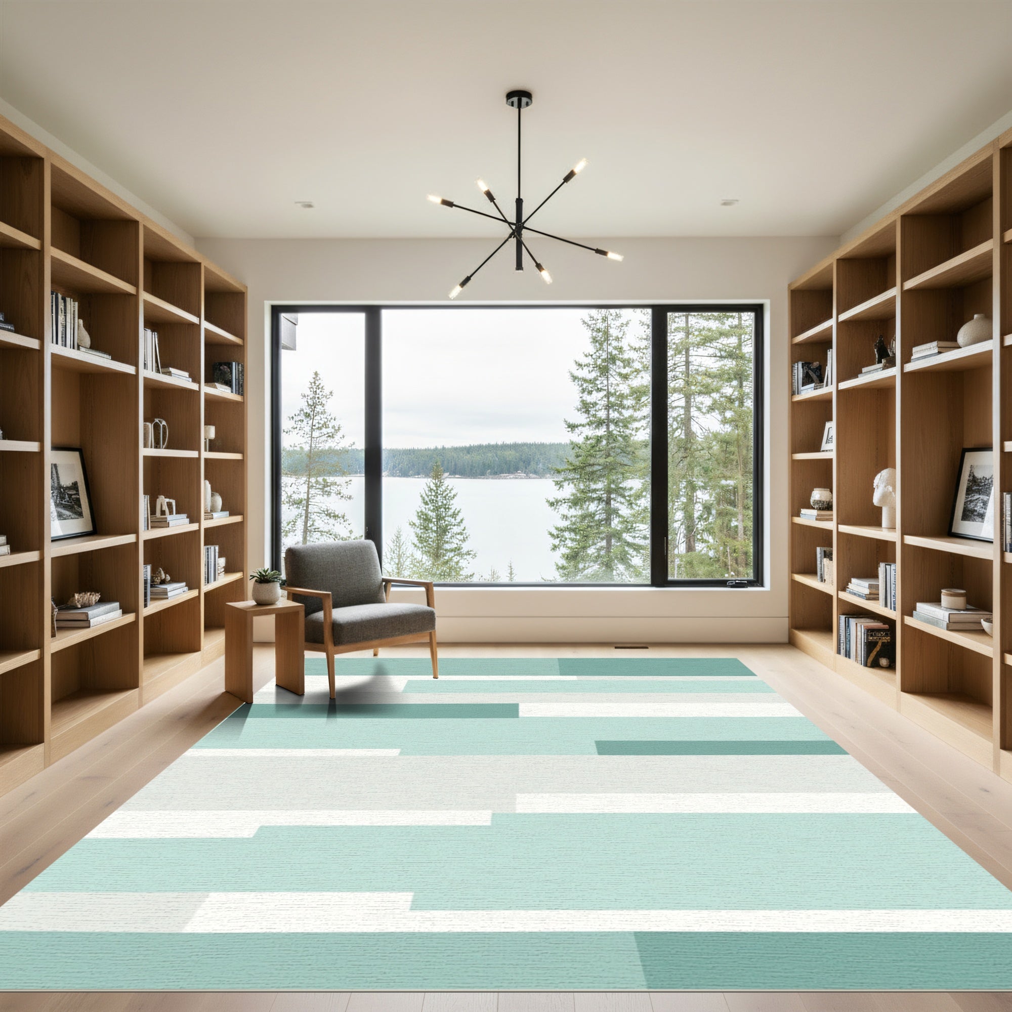 Modern Teal White Geometric Stripe Rug